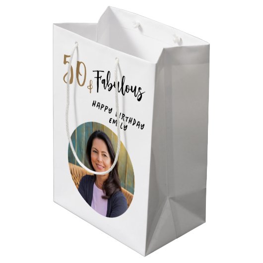 50モダンと素晴らしい写真50誕生日 ミディアムペーパーバッグ (裏面アングル)