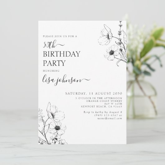 50モダン番目の誕生日スクリプト白黒フローラ 招待状 (スタンド正面)