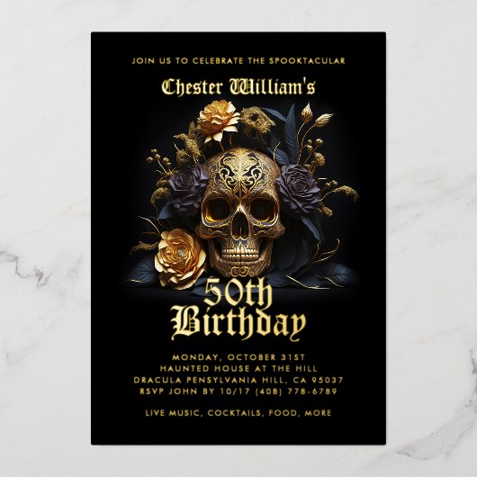 50モダン番目の誕生日金ゴールドスカルバラ 箔招待状 (正面)