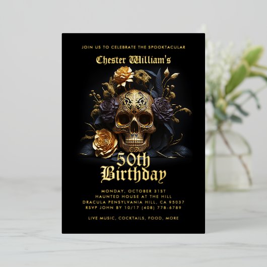 50モダン番目の誕生日金ゴールドスカルバラ 箔招待状 (立ち正面)
