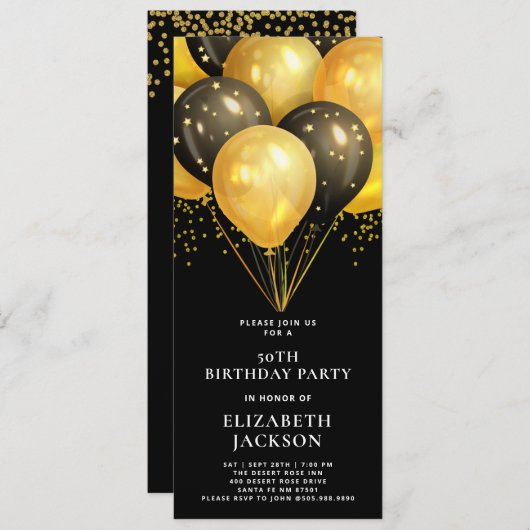 50モダン番目の誕生日金ゴールドブラックバルーン黒 招待状 (正面/裏面)