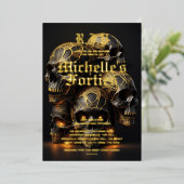 50モダン誕生日スカルハロウィーン金ゴールド 箔招待状 (立ち正面)