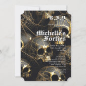 50モダン誕生日ハロウィーンブラック金ゴールドスカル 招待状 (正面)