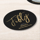 50モダン誕生日ブラック金ゴールドタイポグラフィカスタム ラウンドペーパーコースター (アングル)