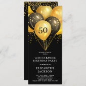 50モダンTHサプライズ誕生日金ゴールドブラックバルーン 招待状 (正面/裏面)