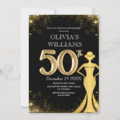 50モダンth誕生日シック黒金ゴールドドレスシャイン 招待状 (正面)