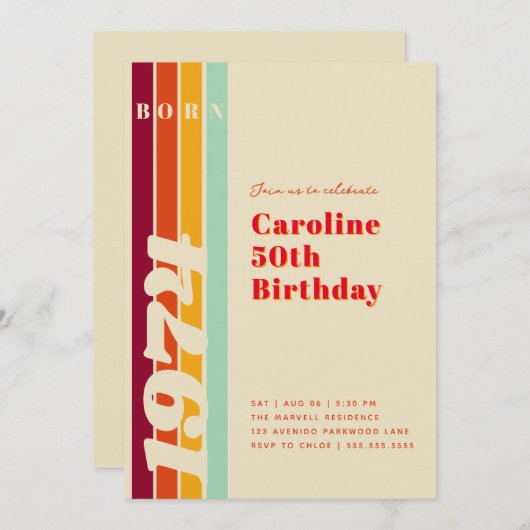 50レトロ誕生日パーティーの招待で素晴らしい 招待状 (正面/裏面)