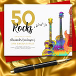 50ロックールクス・ギター50th birthday party インビテーションポストカード<br><div class="desc">50 Rocks 50番目のバースデーパーティ招待状と3つの水カッコいい色ギターデザイン。火炎パターンと赤ピックガード付きのエレキギター、数々のカラーのセミアコースティックギター、およびブラックと金ゴールドのタイポグラフィを備えたサイケデリッククラシックアコースティックパーソナライズされたギターアートのイラストレーションを使用したエレキモダンュタカッコいいギター。このテンプレートを使用する簡単は、ロックンロール祝スタイルで50への完璧な予算招待状を作成し、ギタリスト、ミュージシャン、音楽の愛好家に最適である。ギタープレーヤーは決してギターの数が多すぎないことを教えてくれる。このカッコいいミュージカルモダン楽器デザインは、この素晴らしいミュージカル楽器の音楽エネルギーと50番目の誕生祝いをロックするための完璧な方法である。オリジナルのアートワークby artist Catherine Sweetman</div>