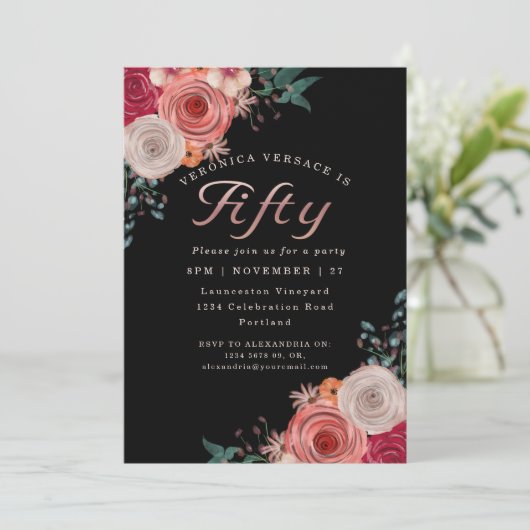 50人の素晴らしいサンゴのバラフォイルの誕生パーティー 招待状 (スタンド正面)