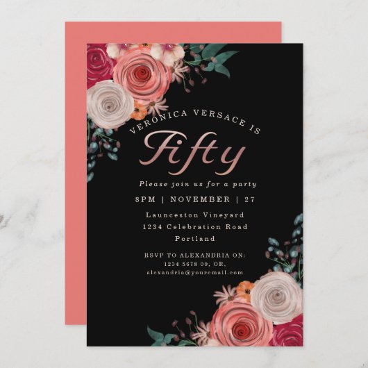 50人の素晴らしいサンゴのバラフォイルの誕生パーティー 招待状 (正面/裏面)