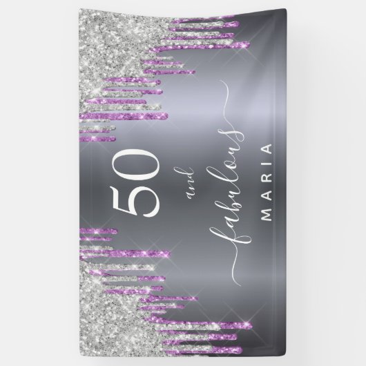 50人の素晴らしい誕生日の銀色の紫のグリッターグラム 横断幕 (縦)