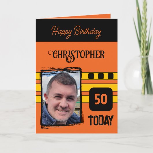 50今日は彼のオレンジ色の黄色の誕生日のための写真を追加 カード (正面)