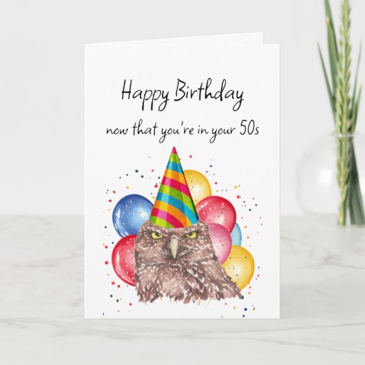50代の誕生日おめでとう フクロウのユーモア カード (正面)