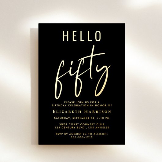 50代を迎えるお祝いを華やかに「Hello 50 Chic Script」50歳の誕生日パーティー 箔招待状