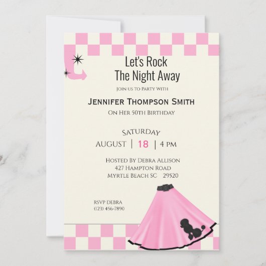 50代ピンクプードルスカート誕生日パーティー 招待状 (正面)