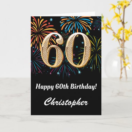 50位の誕生日、虹の花火が黒と金ゴールド カード (黄色い花)