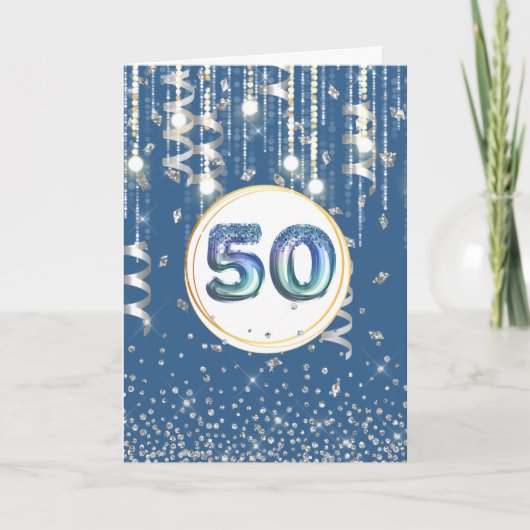 50個のライトブルーのグリッターメンズ誕生日 カード (正面)