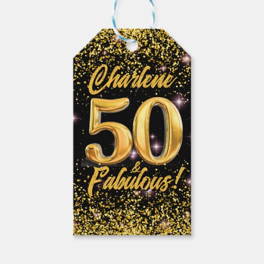 50個の輝くゴールドグリッタースター ピンク 50歳の誕生日 ギフトタグ (正面)