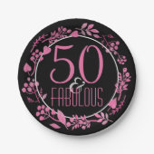 50及びすばらしい第50誕生日|の黒いピンクの植物 ペーパープレート (正面)
