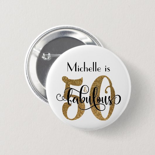 50及びすばらしい金ゴールドのグリッターのタイポグラフィの誕生日 缶バッジ (正面&裏面)