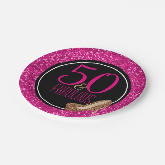 50及びすばらしい|黒いピンクの第50誕生会 ペーパープレート (アングル)