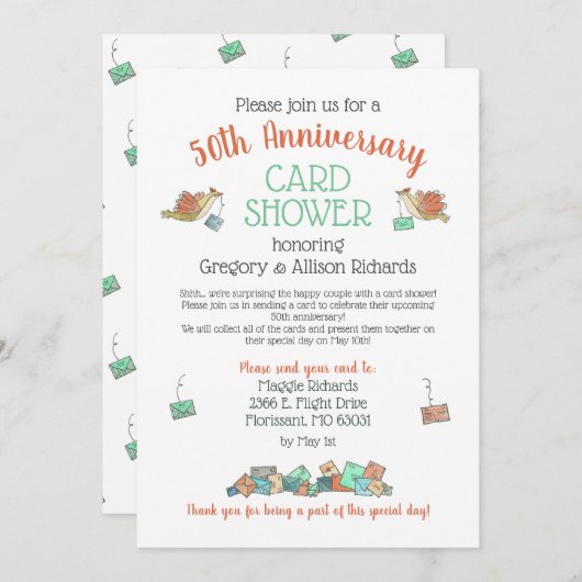 50周年おめでとう 鳥カードシャワ- 招待状 (正面/裏面)