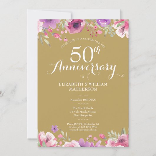 50周年ゴールデンウェディングアニバーサリーカントリー フラワーデザイン 招待状 (正面)