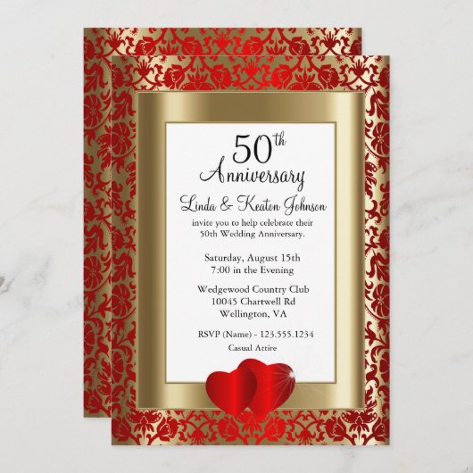 50周年ゴールデン&レッドウェディングアニバーサリー | DIY テキスト 招待状 (正面/裏面)