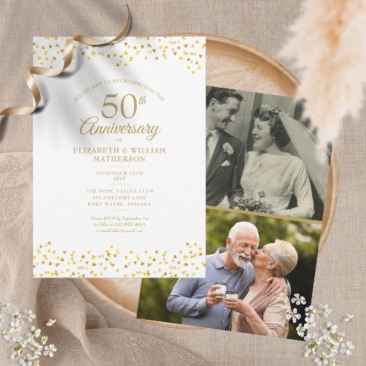 50周年ゴールド記念日のハート2枚の写真 招待状