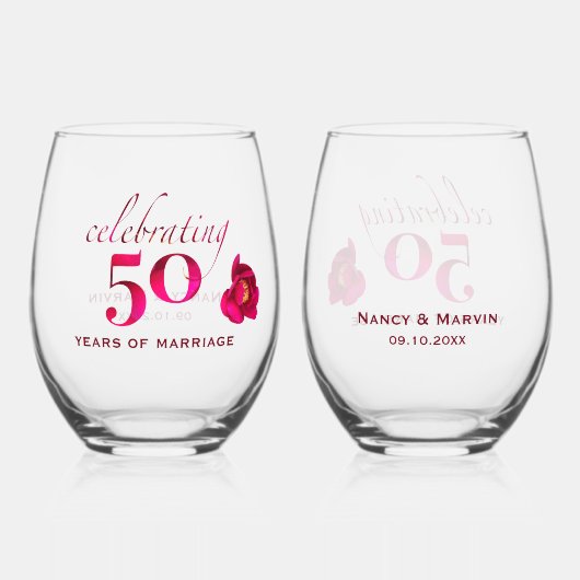 50周年パーソナライズされたバラ記念ユニーク酒 ステムなしワイングラス (正面)