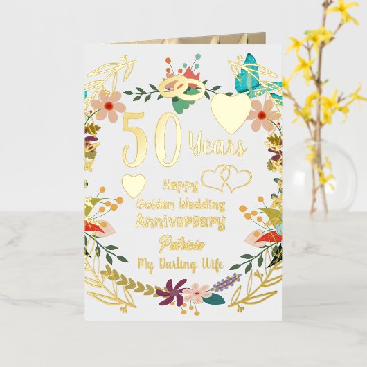 50周年パーソナライズされたフローラと金ゴールド 箔グリーティングカード (黄色い花)