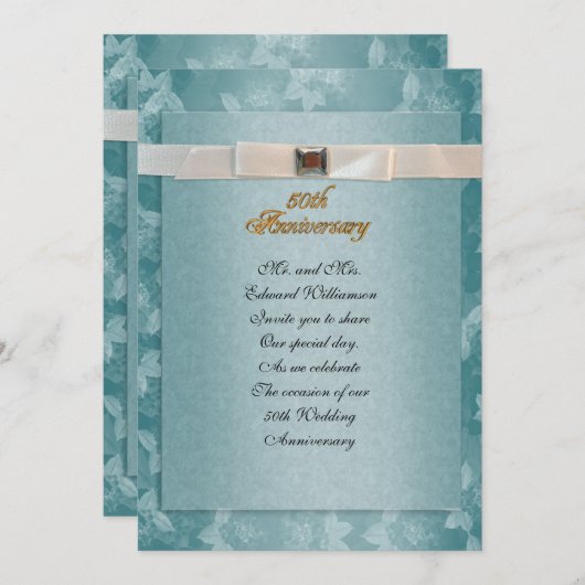 50周年パーティー招待状 フォーマル ティールブルー 招待状 (正面/裏面)