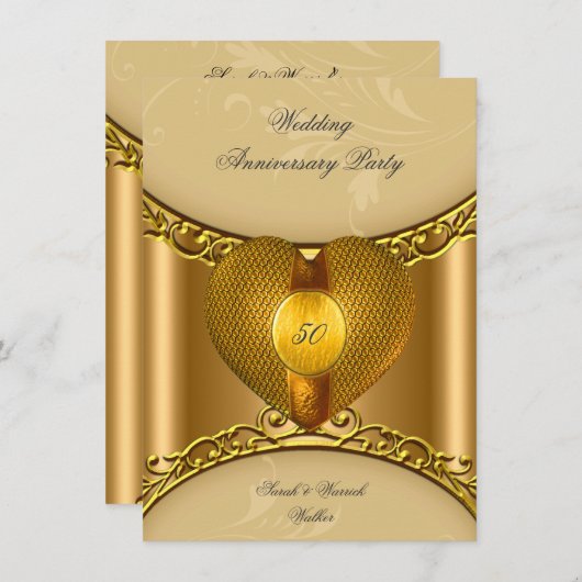 50周年パーティー エレガント ゴールド ゴールデンハート 招待状 (正面/裏面)