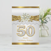 50周年ホワイトパールゴールドレース花柄バースデーパーティー 招待状 (スタンド正面)
