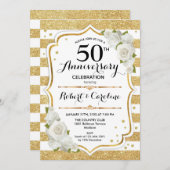 50周年招待状 - ゴールド ホワイト ローズ 招待状 (正面/裏面)