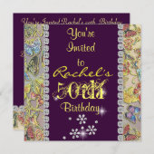 50周年招待状 黄色と紫 女性の誕生日 招待状 (正面/裏面)