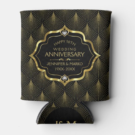 50周年結婚と金ゴールドアールデコパターン 缶クーラー (正面)