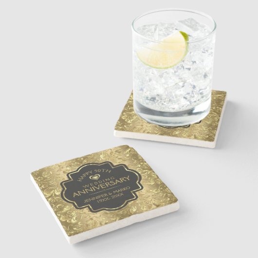 50周年結婚と金ゴールドフローラの低下 ストーンコースター (横)