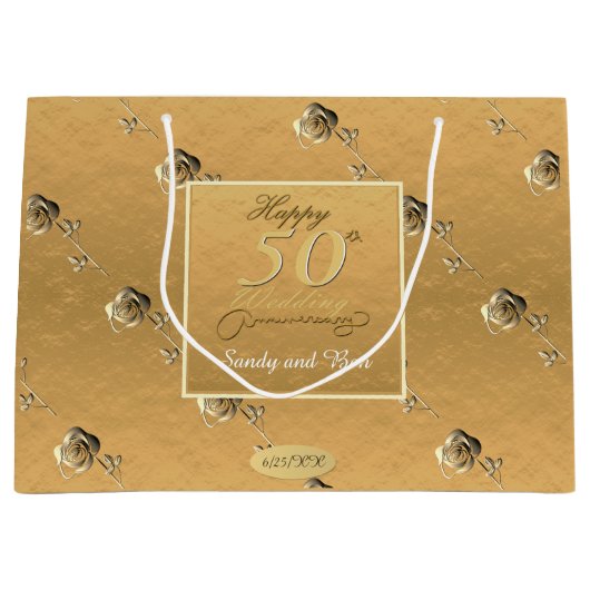 「50周年結婚を迎える」3Dバラゴールデン ラージペーパーバッグ (正面)