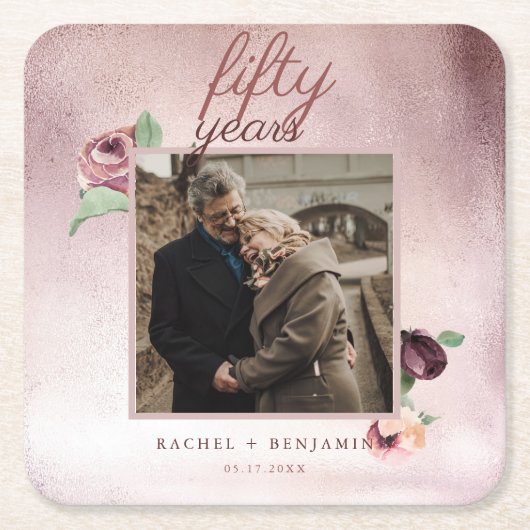 50周年結婚バラ金ゴールドグリッター スクエアペーパーコースター (正面)