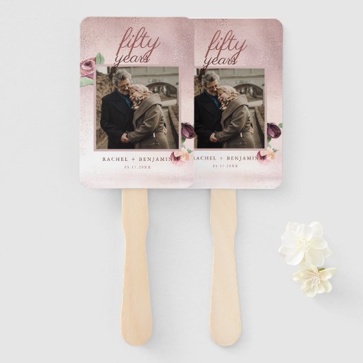 50周年結婚バラ金ゴールドグリッター ハンドファン (正面&裏面)