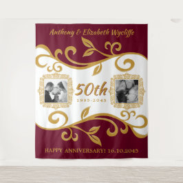50周年結婚写真を追加する赤金ゴールド タペストリー