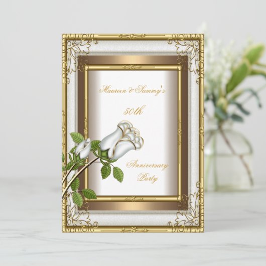50周年結婚式 白い薔薇 ゴールド エレガント2 招待状 (スタンド正面)