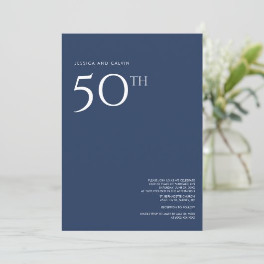 50周年結婚招待状ネイビーブルー 招待状 (スタンド正面)