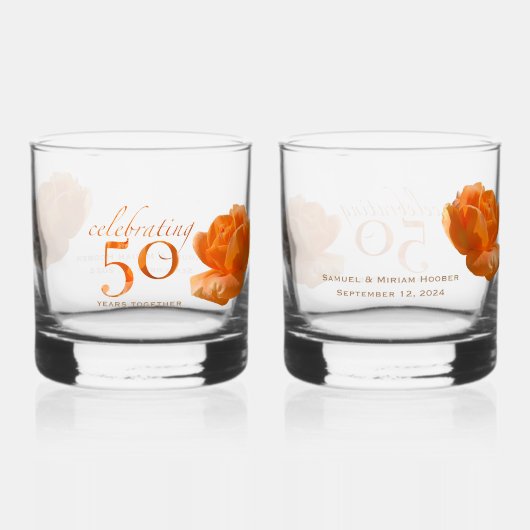 50周年結婚桃のカスタマイズバラ贈り物 ウイスキーグラス (正面)