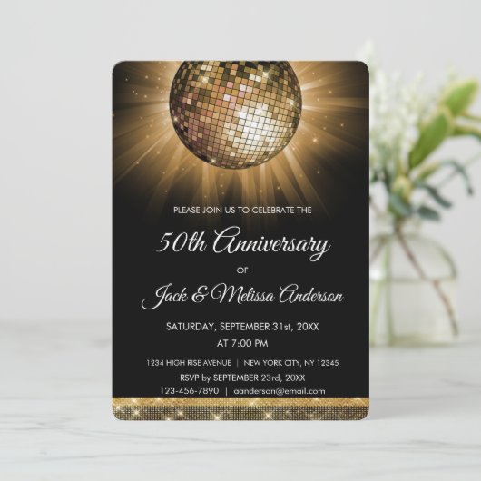 50周年結婚記念パーティー ゴールド ディスコボール 招待状 (スタンド正面)