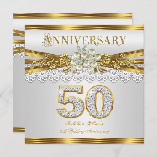 50周年結婚記念パーティー ゴールド ホワイトパール 招待状 (正面/裏面)