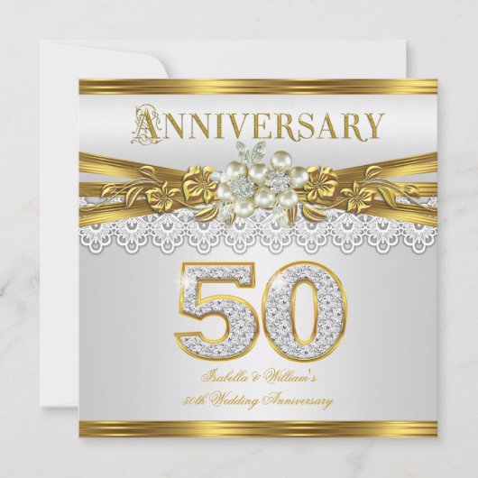 50周年結婚記念パーティー ゴールド ホワイトパール 招待状 (正面)