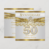 50周年結婚記念パーティー ゴールド リング 白 招待状 (正面/裏面)