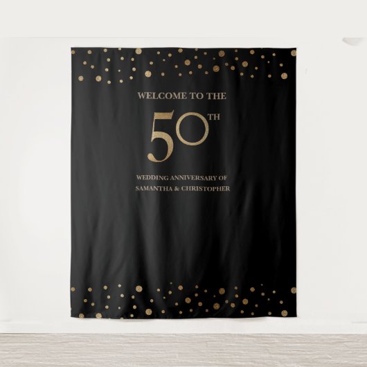 50周年結婚記念写真の背景 ゴールドブラック タペストリー (正面)